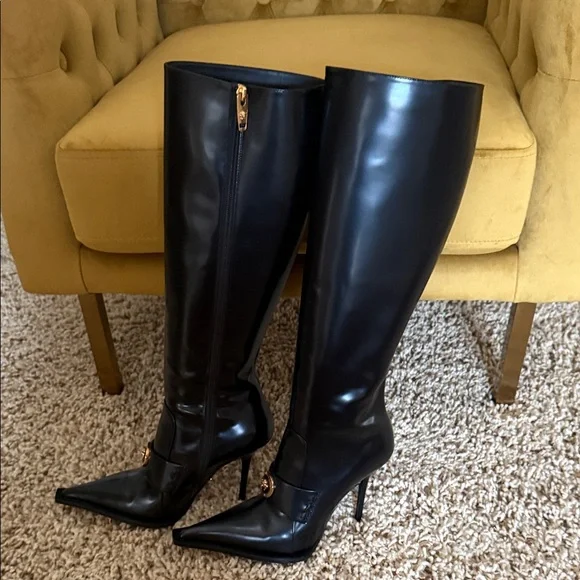 Versace Black Over the Knee Boots with Gold Medallion - Picture 5 of 9
